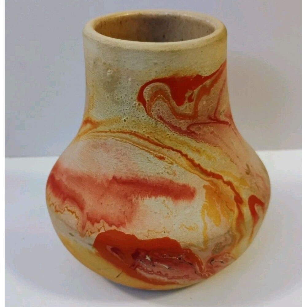 Vintage Nemadji Art Pottery Swirl Vase Orange & Terracotta Marbled ~5"